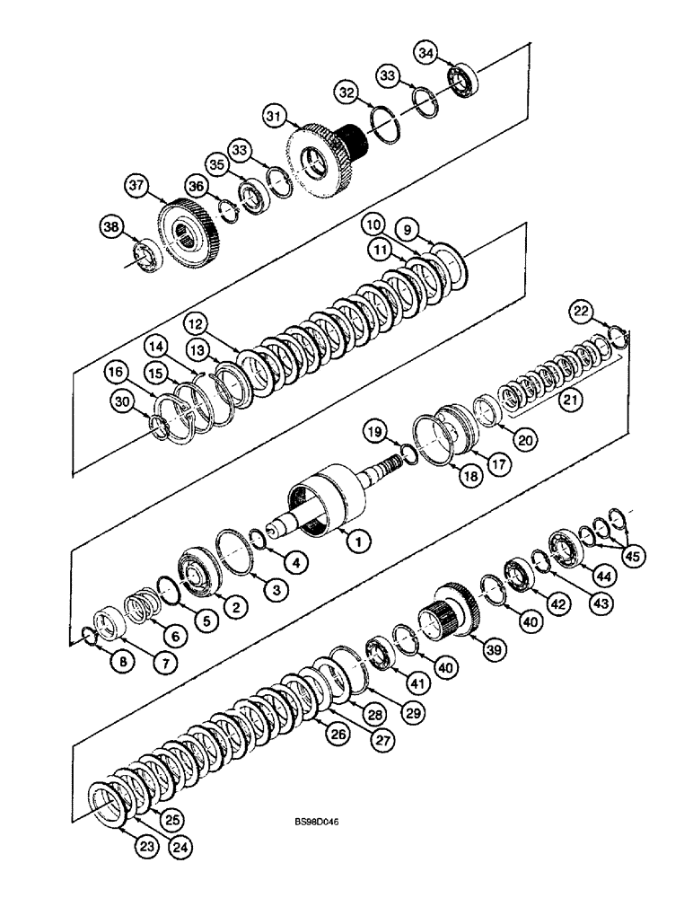 Схема запчастей Case 590SL - (6-134) - CLARK POWERSHIFT TRANSMISSION ASSEMBLY, CLUTCH AND PINIONS, FIRST GEAR- REVERSE DRIVE (06) - POWER TRAIN