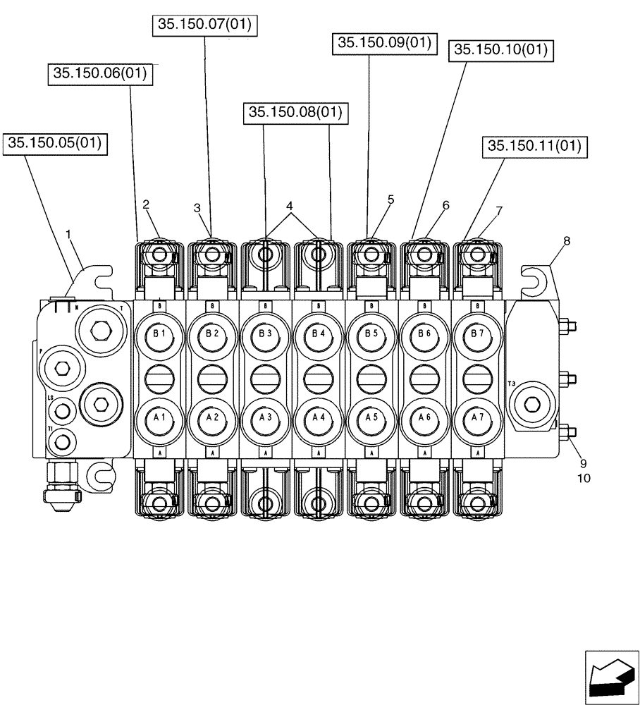 Схема запчастей Case 580SM - (35.726.21[01]) - VALVE ASSY - BACKHOE CONTROL, 7 SPOOL (W/ EXT DIPPER, W/ OR W/O AUX HYDS, W/ PILOT CONTROLS) (580SM) (35) - HYDRAULIC SYSTEMS