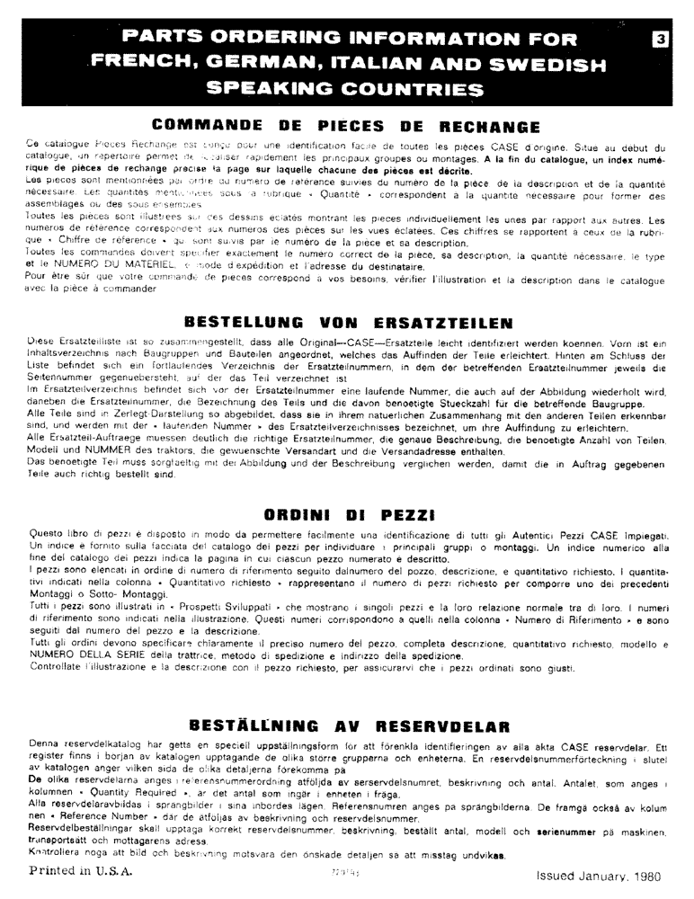 Схема запчастей Case 1830 - (003) - PARTS ORDERING INFORMATION FOR FRENCH, GERMAN, ITALIAN AND SWEDISH, SPEAKING COUNTRIES (05) - SERVICE & MAINTENANCE