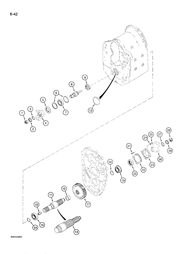 Схема запчастей Case 780D - (6-42) - TRANSMISSION OUTPUT SHAFT, 2W & 4WD MODELS (06) - POWER TRAIN