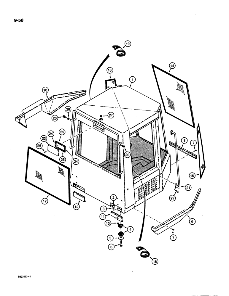 Схема запчастей Case 621 - (9-058) - CAB MOUNTING AND GLASS (09) - CHASSIS/ATTACHMENTS