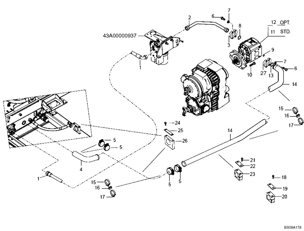 Схема запчастей Case 327B - (43A01000935[001]) - PUMP / HYDRAULIC STEERING LINES (P.I.N. HHD0327BN7PG57000 AND AFTER) (84158445) (09) - Implement / Hydraulics / Frame / Brakes