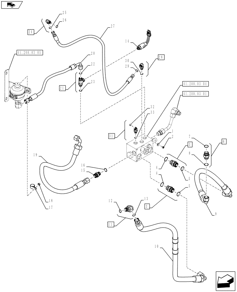 Схема запчастей Case 821F - (41.200.03[04]) - STEERING AUXILIARY, MANIFOLD HOSES AND CONNECTORS (41) - STEERING