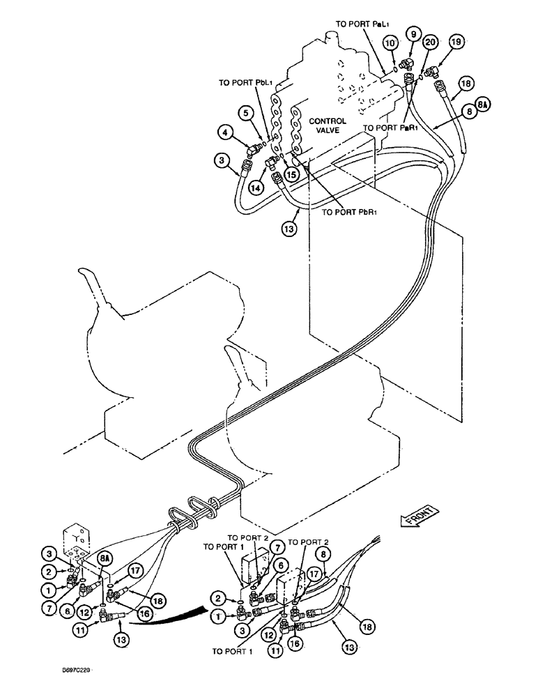 Схема запчастей Case 9030B - (8-042) - TRAVEL CONTROL LINES (08) - HYDRAULICS