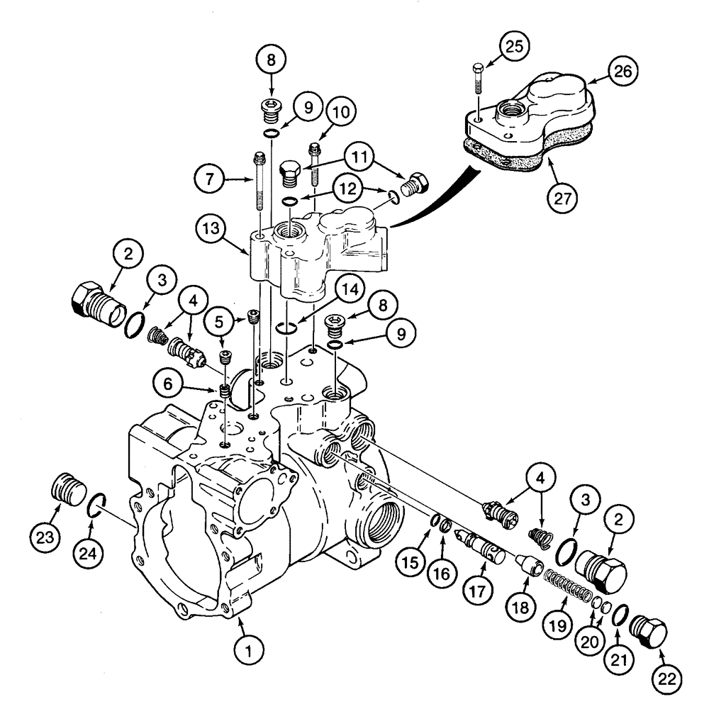 Схема запчастей Case 1835C - (6-36) - TANDEM PUMP ASSEMBLY REAR DRIVE PUMP HOUSING VALVES AND FILTER ADAPTER (06) - POWER TRAIN