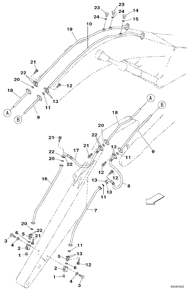 Схема запчастей Case CX470B - (08-32) - HYDRAULICS, AUXILIARY ATTACHMENT - ARM 3.38M & 4.0M (08) - HYDRAULICS