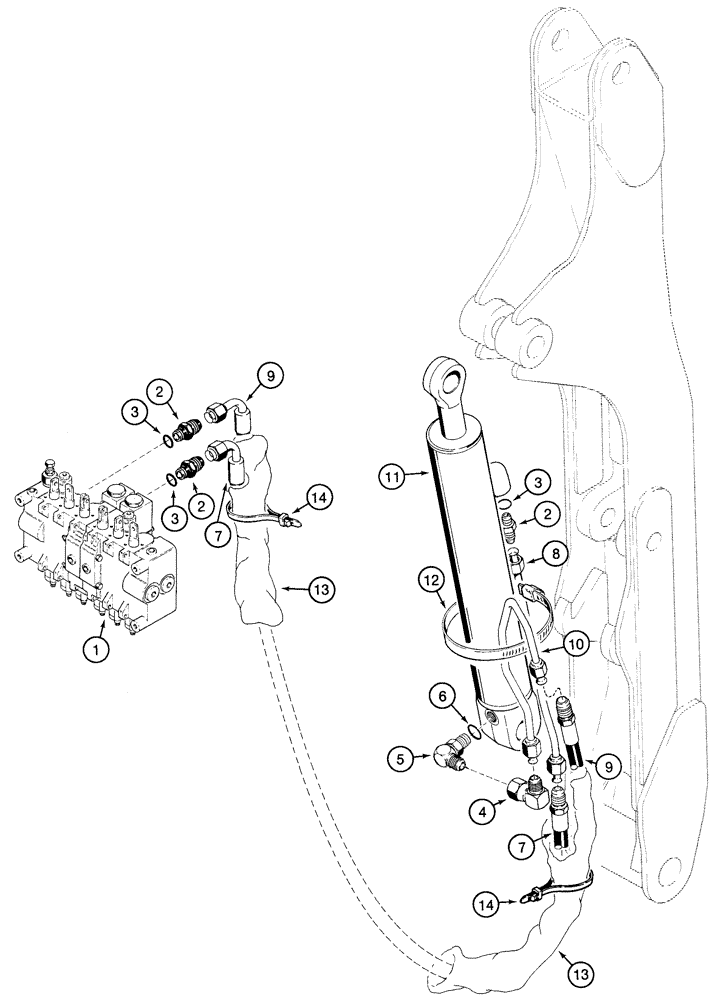 Схема запчастей Case 85XT - (08-43) - HYDRAULIC SYSTEM BACKHOE BOOM CYLINDER NORTH AMERICA, D125 BACKHOE, WITH HOSES AT CONTROL VALVE (08) - HYDRAULICS