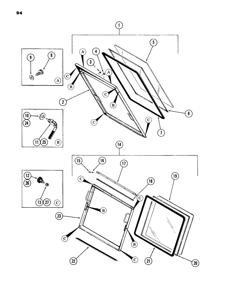 Схема запчастей Case 980B - (094) - CAB & ATTACHING PARTS,(UPPR & LOWR FRNT WINDOW & ATTACHING PARTS,(USED ON UNITS PRIOR TO PIN 620070) (05) - UPPERSTRUCTURE CHASSIS