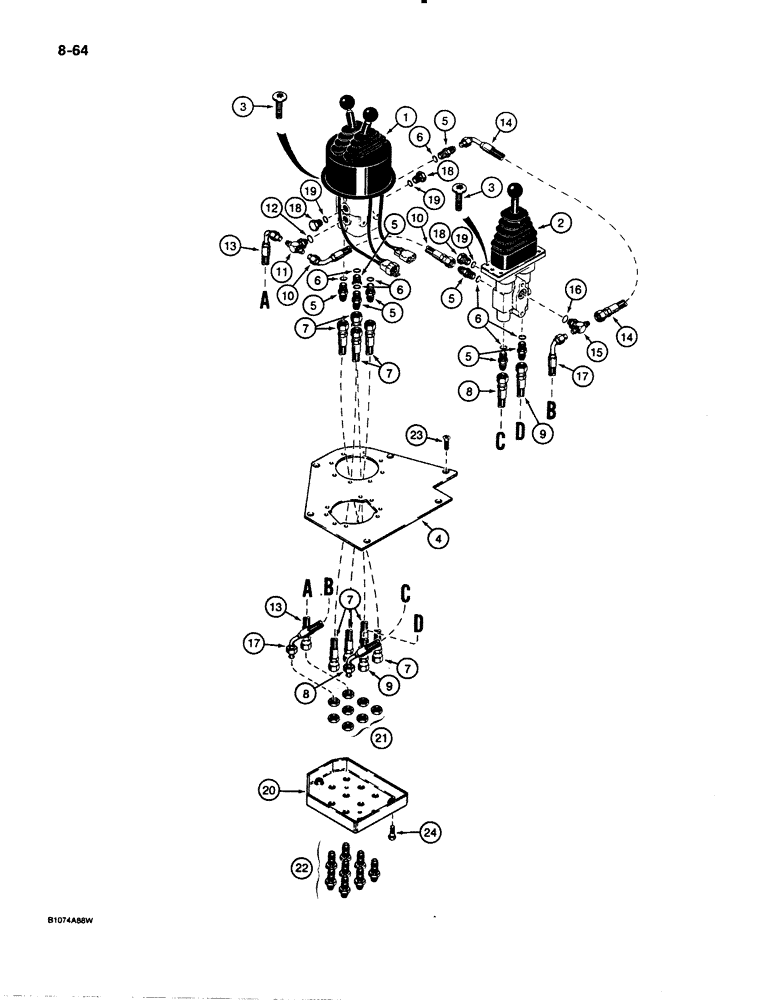 Схема запчастей Case 621 - (8-64) - REMOTE LOADER CONTROL CIRCUIT, THREE LEVERS WITH THREE SPOOL VALVE (08) - HYDRAULICS