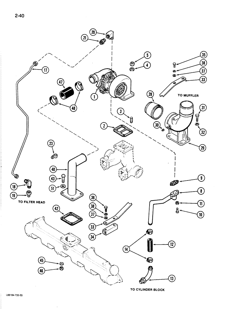 Схема запчастей Case 1080B - (2-40) - TURBOCHARGER SYSTEM, 504BDT ENGINE (02) - ENGINE