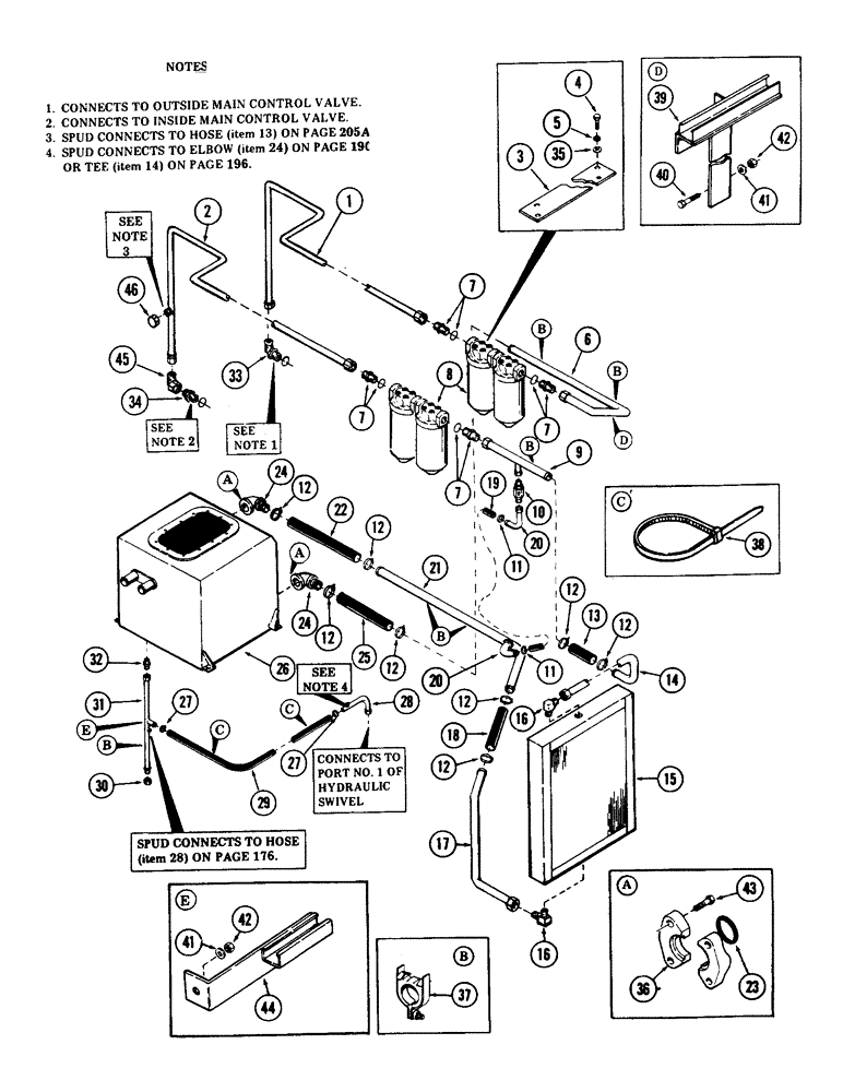 Схема запчастей Case 40 - (172) - MAIN VALVES TO FILTERS TO RESERVOIR AND COOLER TUBING, (USED WITH PIN 6270901 AND AFTER) (35) - HYDRAULIC SYSTEMS