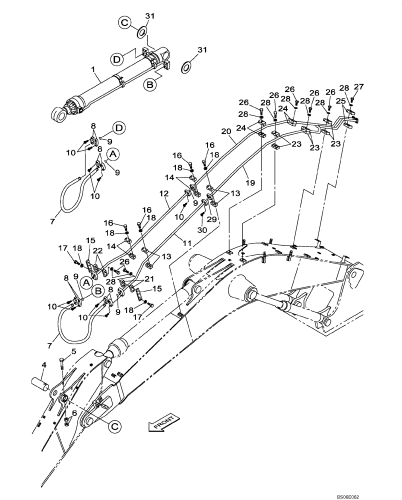 Схема запчастей Case CX800 - (08-021-00[01]) - HYDRAULIC CIRCUIT - BUCKET CYLINDER - BOOM (8.40 M) - DIPPER (3.66 M) (08) - HYDRAULICS