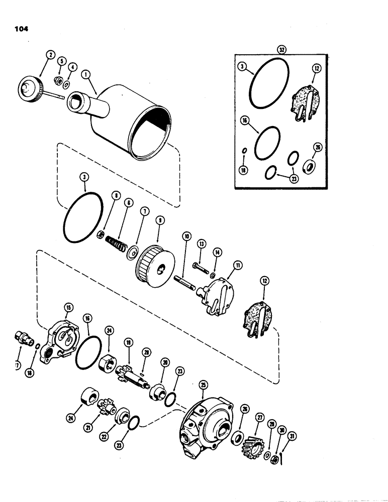 Схема запчастей Case 480B - (104) - HYDRAULIC POWER PUMP, HYDROSTATIC STEERING 