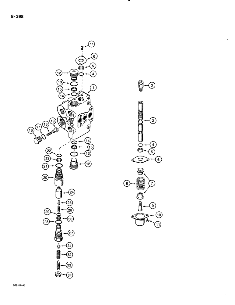 Схема запчастей Case 580K - (08-398) - THREE-POINT HITCH CONTROL VALVE, INLET-OUTLET AND IMPLEMENT SECTION (08) - HYDRAULICS