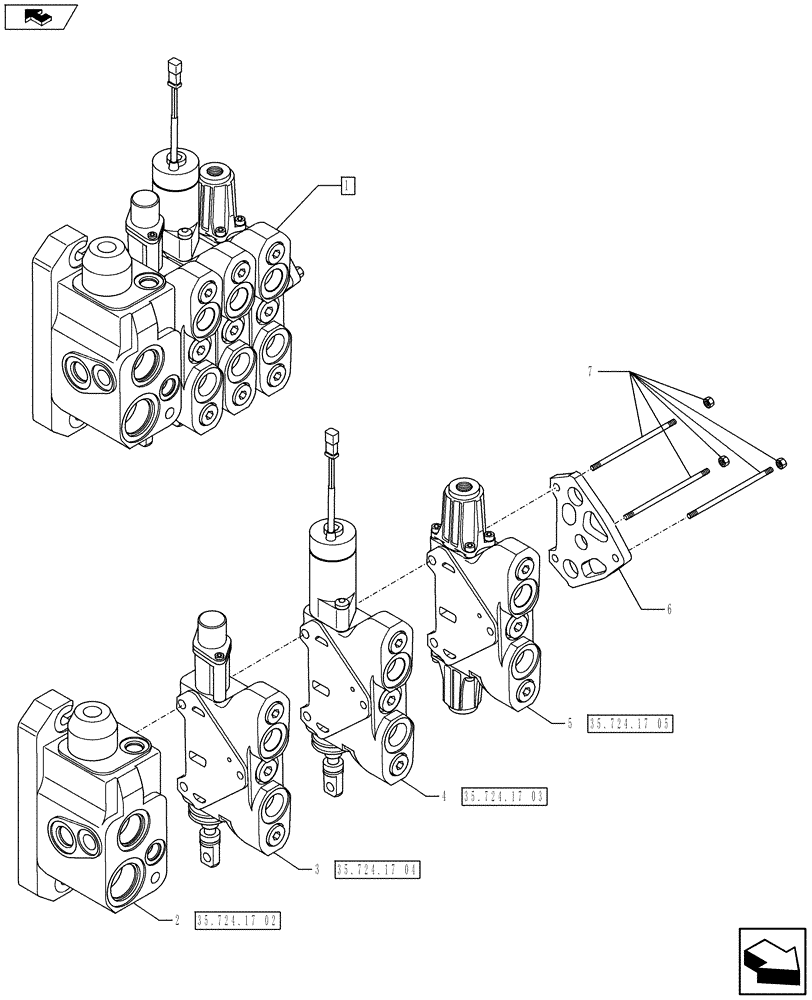 Схема запчастей Case 580SN WT - (35.724.17[01]) - VAR - 747864, X20137X - LOADER CONTROL VALVE, 3 SECTIONS (PILOT CONTROLS) (35) - HYDRAULIC SYSTEMS