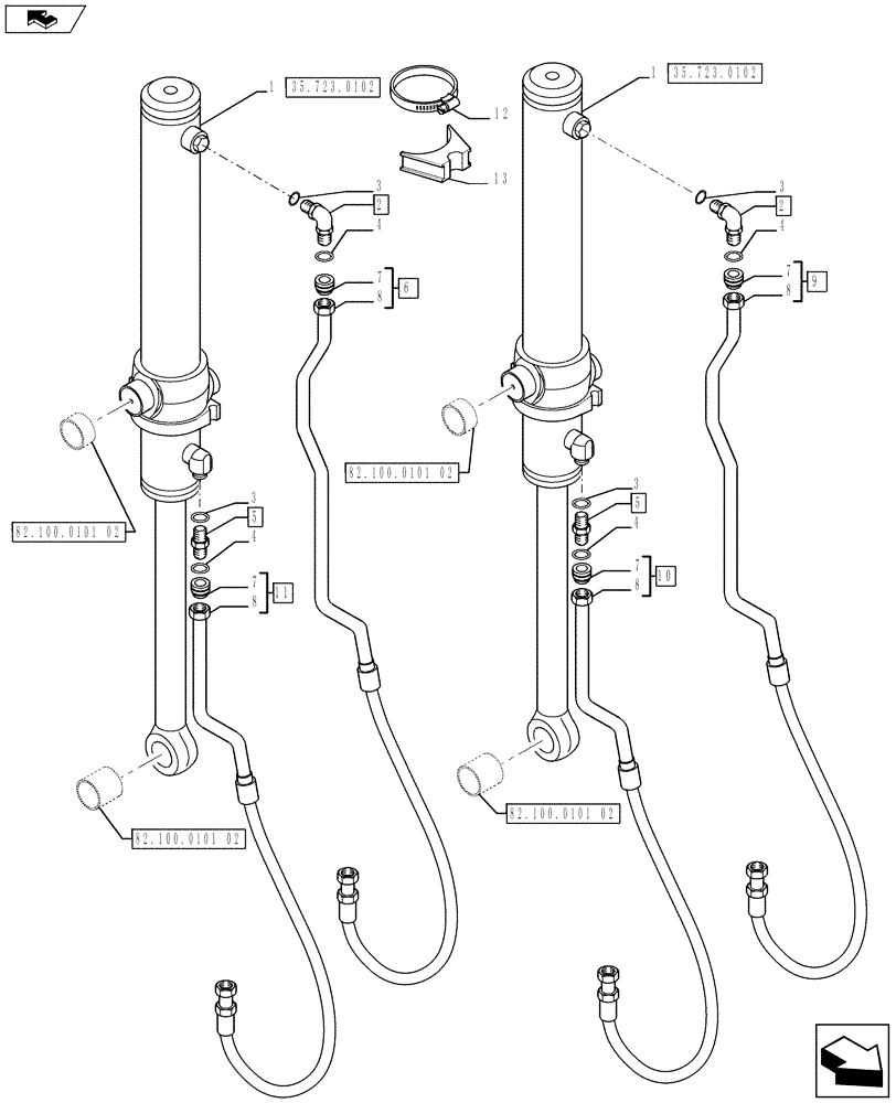 Схема запчастей Case 590SN - (35.723.0202) - FRONT LOADER HYDRAULIC SYSTEM - BUCKET CYLINDER LINES (35) - HYDRAULIC SYSTEMS