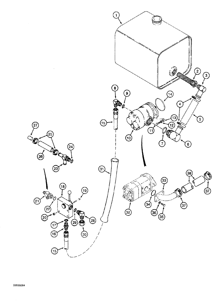 Схема запчастей Case MAXI-SNEAKER - (08-004) - BASIC HYDRAULIC CIRCUIT, RESERVOIR TO PUMP AND VALVE (08) - HYDRAULICS