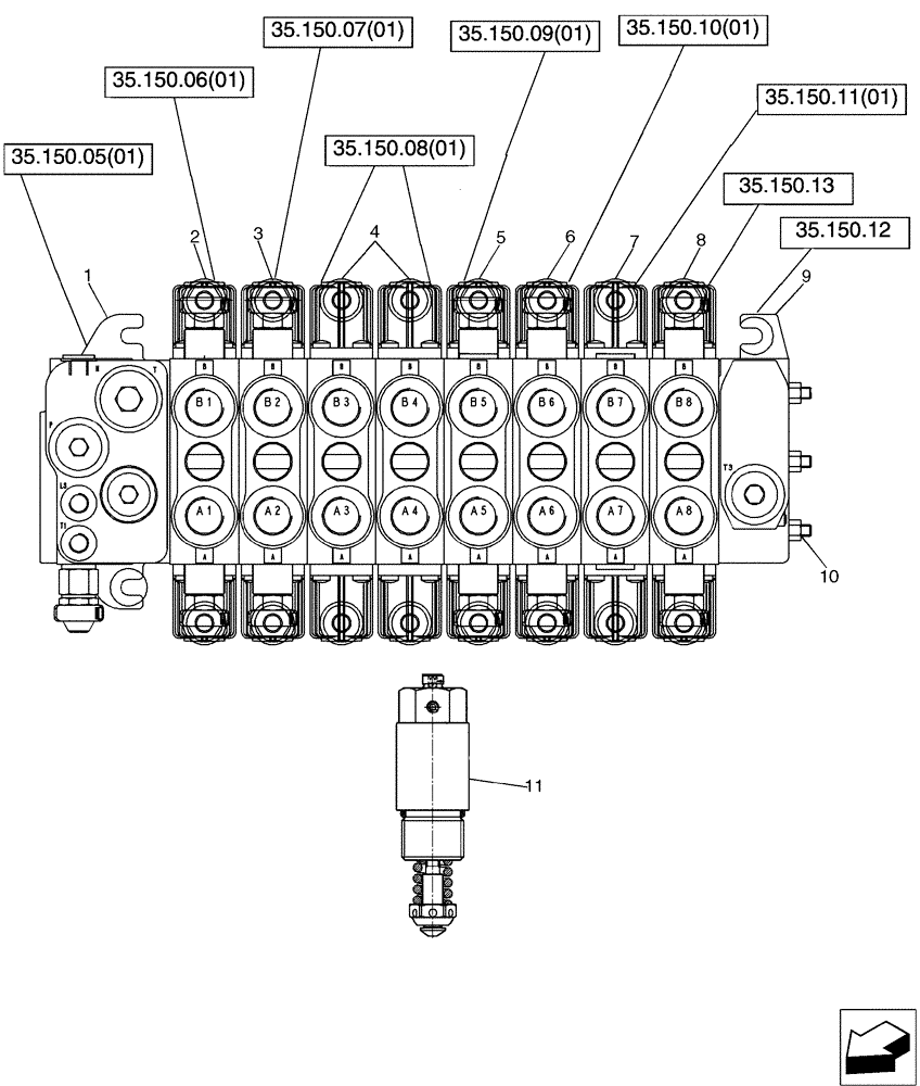 Схема запчастей Case 580SM - (35.726.22[02]) - 84138936 VALVE ASSY - BACKHOE CONTROL, 8 SPOOL (W/ EXT DIPPER, W/ AUX HYDS) (580SM+) (35) - HYDRAULIC SYSTEMS