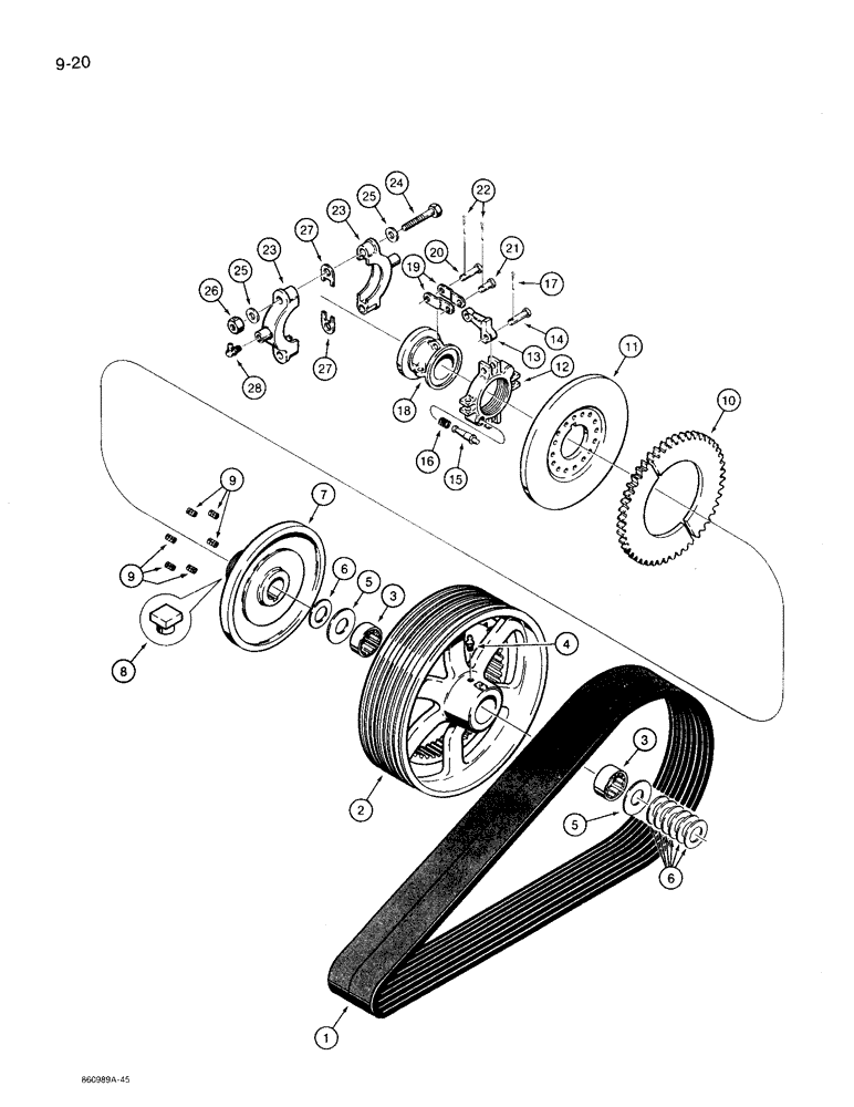 Схема запчастей Case 360 - (9-020) - TRENCHER DRIVE BELT AND CLUTCH (09) - CHASSIS/ATTACHMENTS