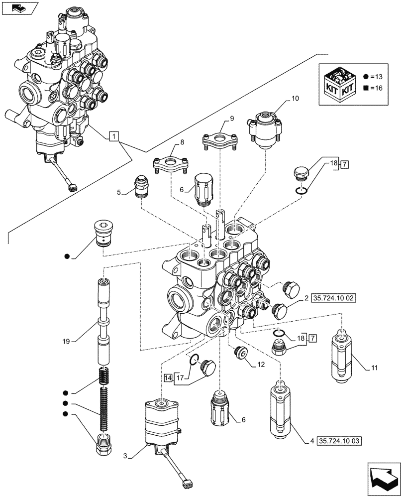 Схема запчастей Case 580SN WT - (35.724.16) - VALVE, LOADER 3 SPOOL (MECH CONTROLS) (35) - HYDRAULIC SYSTEMS