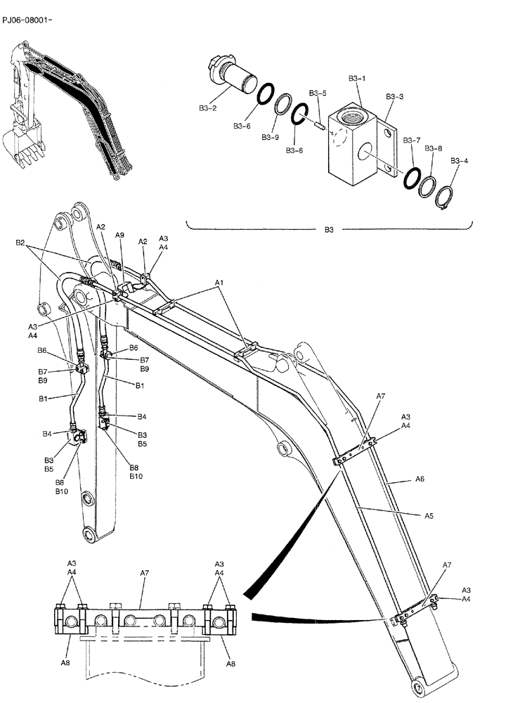 Схема запчастей Case CX50B - (03-001) - HYD LINES, BOOM 2.79M (9FT 2IN) (NIBBLER & BREAKER) (PY42H00058F1 & PY43H00019F1) Attachments