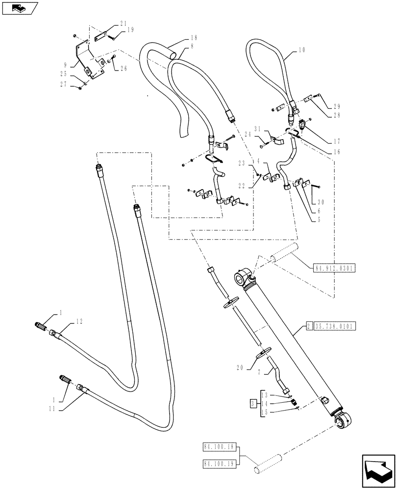 Схема запчастей Case 580SN WT - (35.738.0301) - VAR - 423076 - EXTENDABLE DIPPER, BUCKET CYLINDER, LINE (35) - HYDRAULIC SYSTEMS