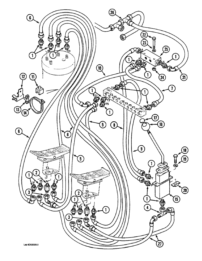 Схема запчастей Case 1088 - (8D-05A) - HYDRAULIC CONTROL CIRCUIT, MANIFOLD TO FOOT CONTROL VALVES AND SWIVEL (08) - HYDRAULICS