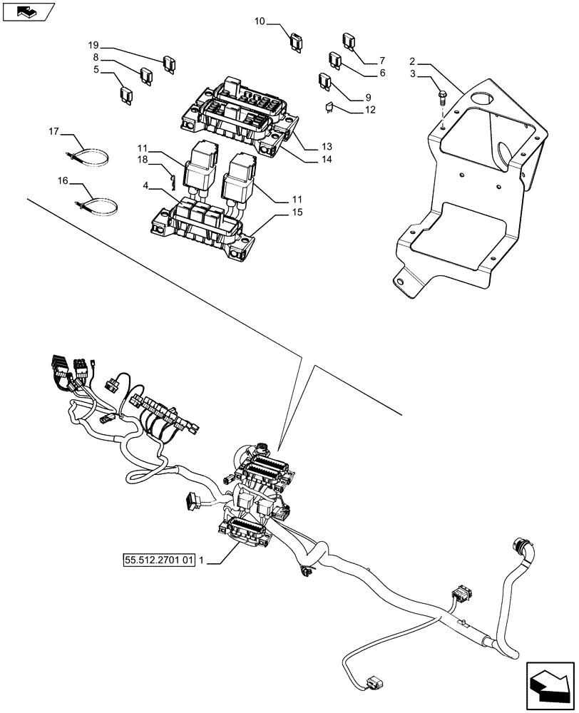 Схема запчастей Case 590SN - (55.512.2701[02]) - VAR - 423060, 423061, 423062 - INSTRUMENT PANEL - RH - FUSE BOX - TRANSMISSION (POWERSHIFT) (55) - ELECTRICAL SYSTEMS