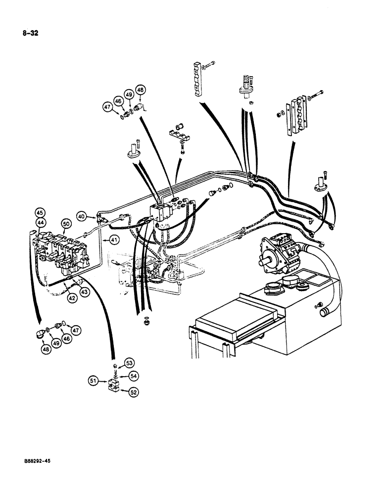 Схема запчастей Case 125B - (8-032) - HYDRAULIC PUMP LINES, P.I.N. 74631 THROUGH 74844 (08) - HYDRAULICS