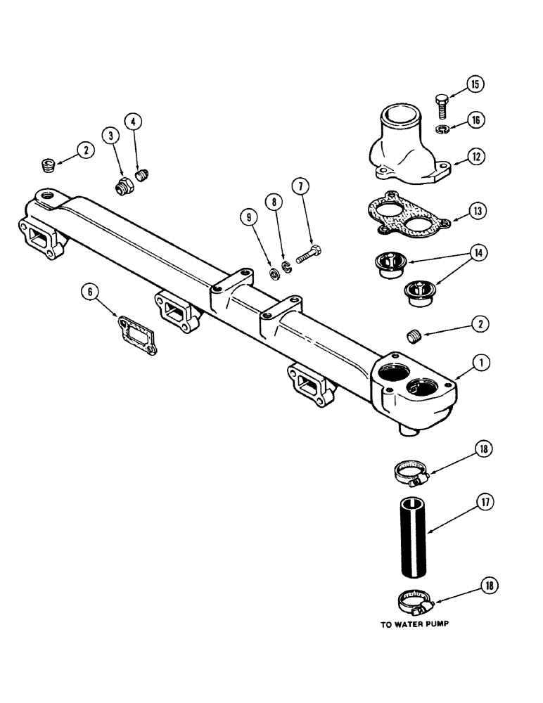 Схема запчастей Case 50 - (2-28) - WATER MANIFOLD AND THERMOSTAT, 504BDT ENGINE (02) - ENGINE