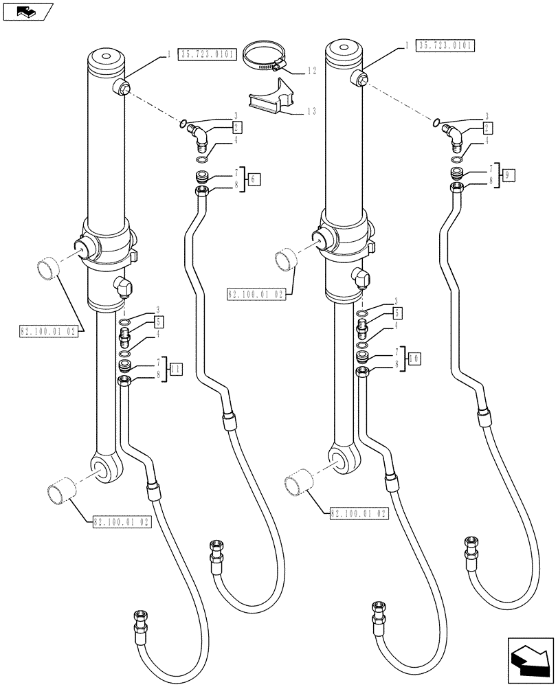 Схема запчастей Case 580SN WT - (35.723.0201) - FRONT LOADER HYDRAULIC SYSTEM - BUCKET CYLINDER LINES (35) - HYDRAULIC SYSTEMS