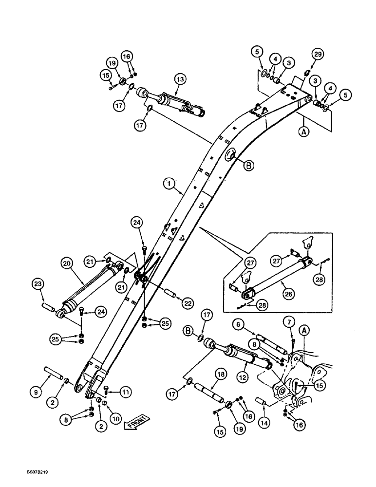 Схема запчастей Case 9030B - (9-090) - BOOM, MOUNTING PINS AND CYLINDERS, LONG REACH (21 FT. ARM) MODELS (09) - CHASSIS