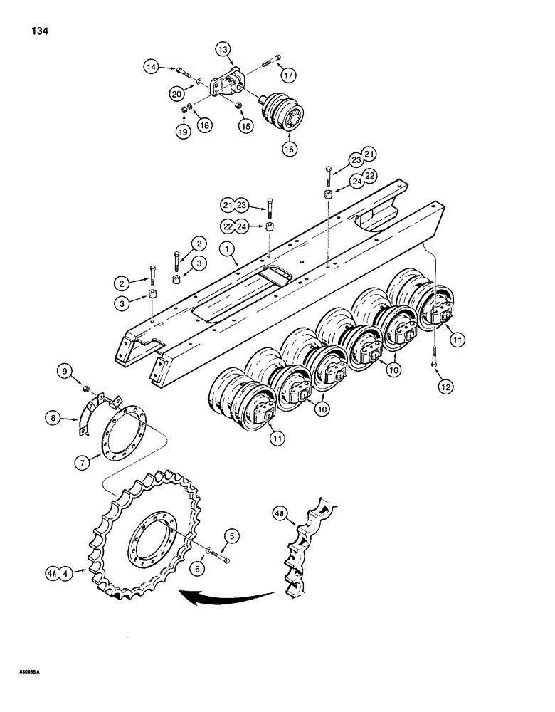 Схема запчастей Case 1150D - (134) - TRACK FRAME, SPROCKET, AND ROLLERS, LOADER MODELS (11) - TRACKS/STEERING