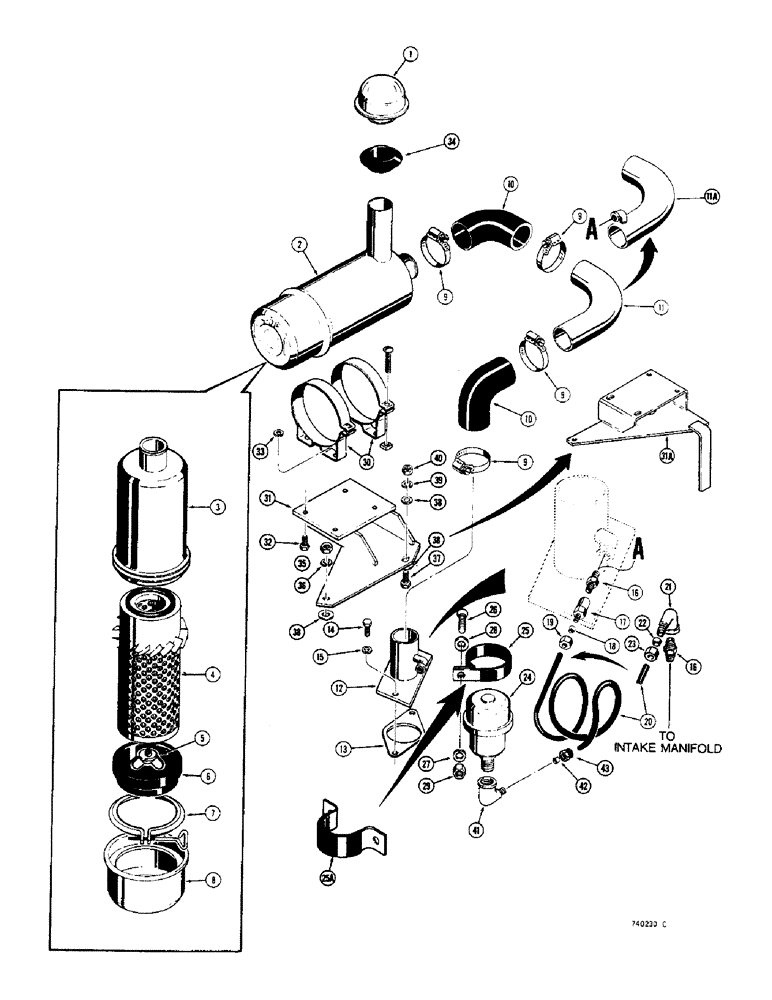 Схема запчастей Case 350 - (052) - DRY TYPE AIR CLEANER (01) - ENGINE