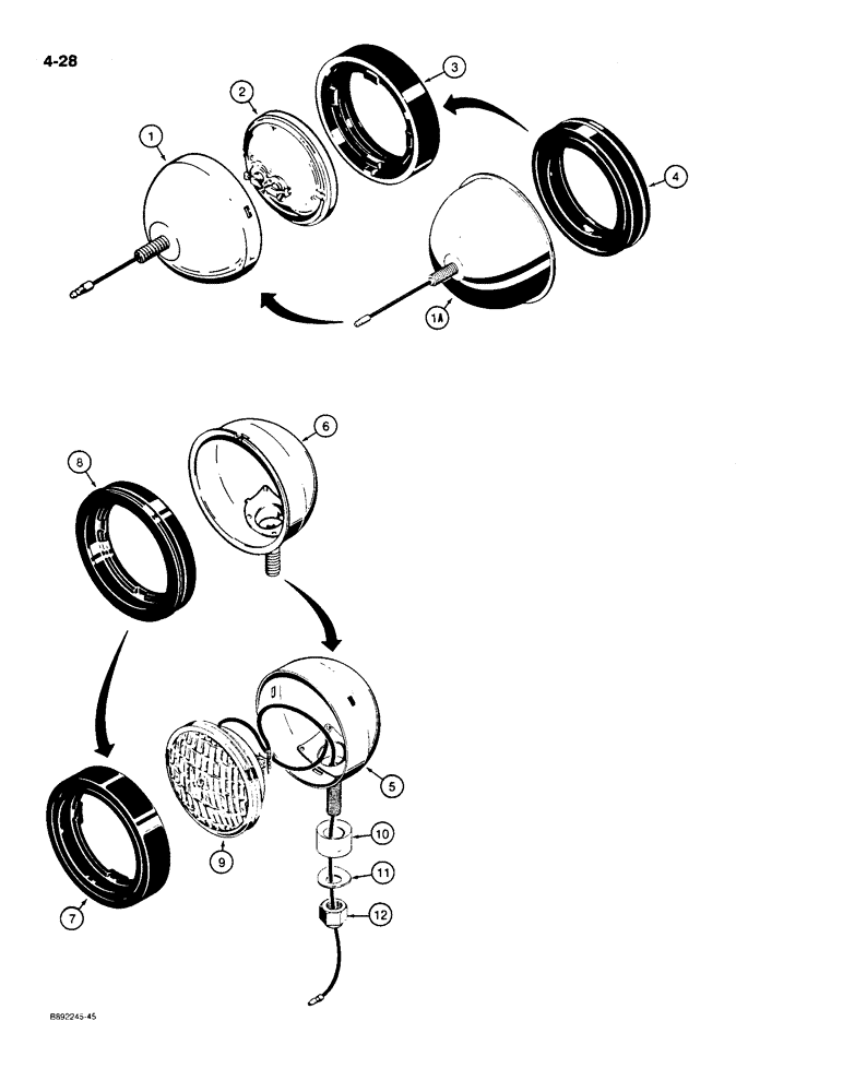 Схема запчастей Case 550 - (4-28) - INCANDESCENT LAMP ASSEMBLIES, USED ON MODELS WITHOUT ROPS CANOPY (04) - ELECTRICAL SYSTEMS