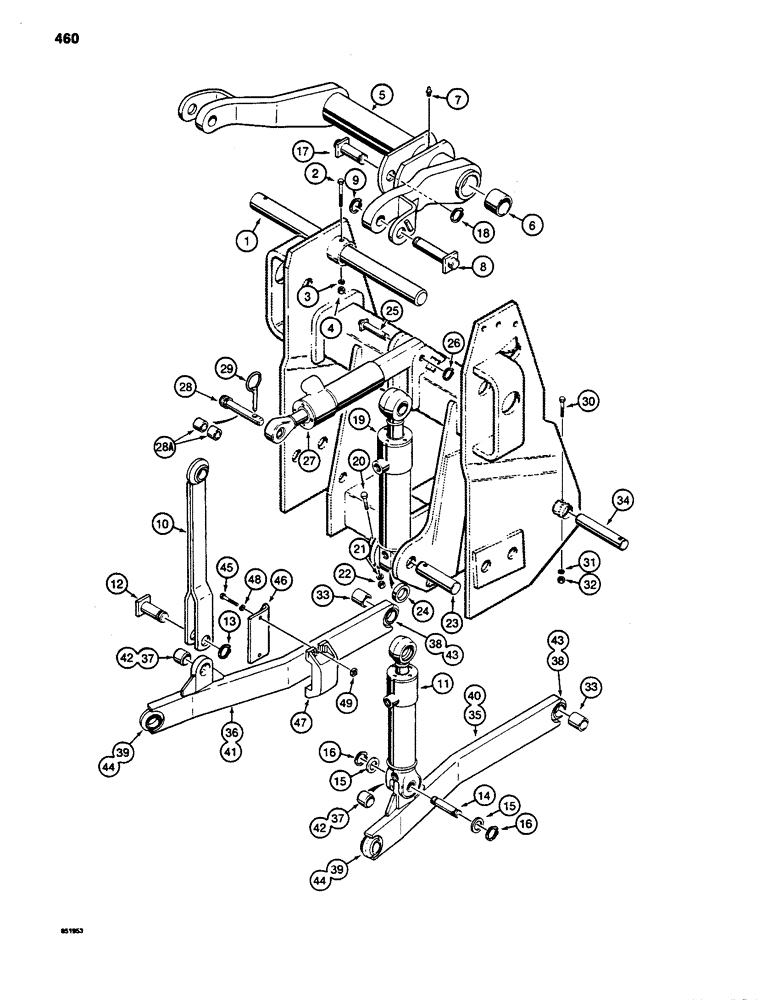 Схема запчастей Case 480D - (460) - THREE-POINT HITCH DRAFT ARMS, LINKAGE, AND CYLINDERS, USED W/HYD CLUTCH (37) - HITCHES, DRAWBARS & IMPLEMENT COUPLINGS