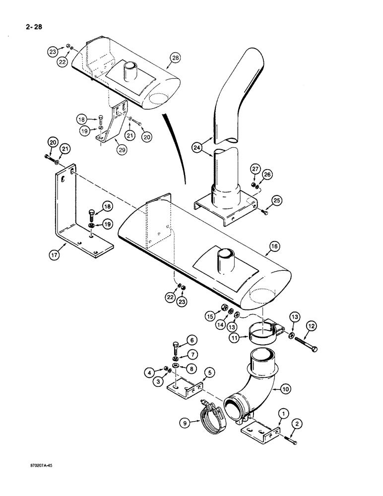 Схема запчастей Case 580K - (02-028) - MUFFLER AND EXHAUST SYSTEM, MODELS WITH TURBOCHARGED ENGINES (02) - ENGINE