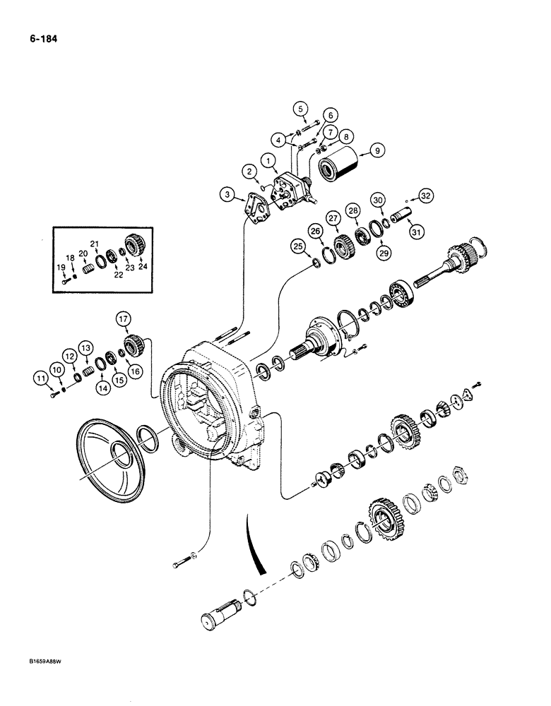 Схема запчастей Case 680K - (6-184) - CHARGING PUMP AND REVERSE IDLER (06) - POWER TRAIN