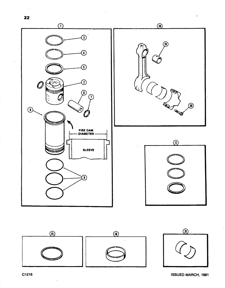 Схема запчастей Case W24B - (022) - PISTONS & SLEEVES,W/5.189" -5.194"FIRE DAM DIA. SLEEVE USE W/ENG SN2572011&AFTER 504BD DIESEL ENG., (02) - ENGINE