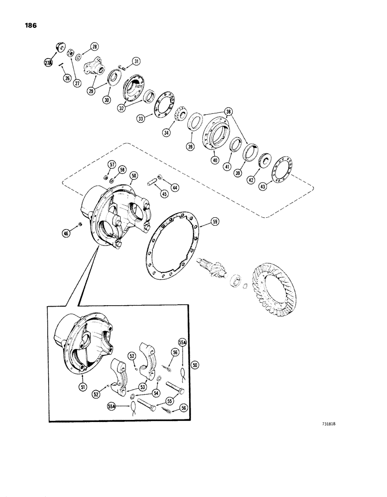 Схема запчастей Case W26B - (186) - L50578 REAR AXLE DIFFERENTIAL, DRIVE SHAFT YOKE, CAGE AND CARRIER (06) - POWER TRAIN