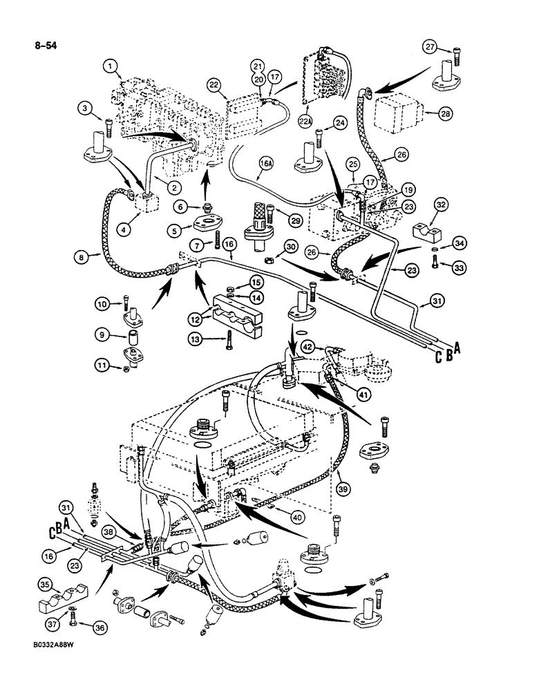 Схема запчастей Case 125B - (8-054) - HYDRAULIC CIRCUIT RETURN LINES, P.I.N. 74251 THROUGH 74630 (08) - HYDRAULICS