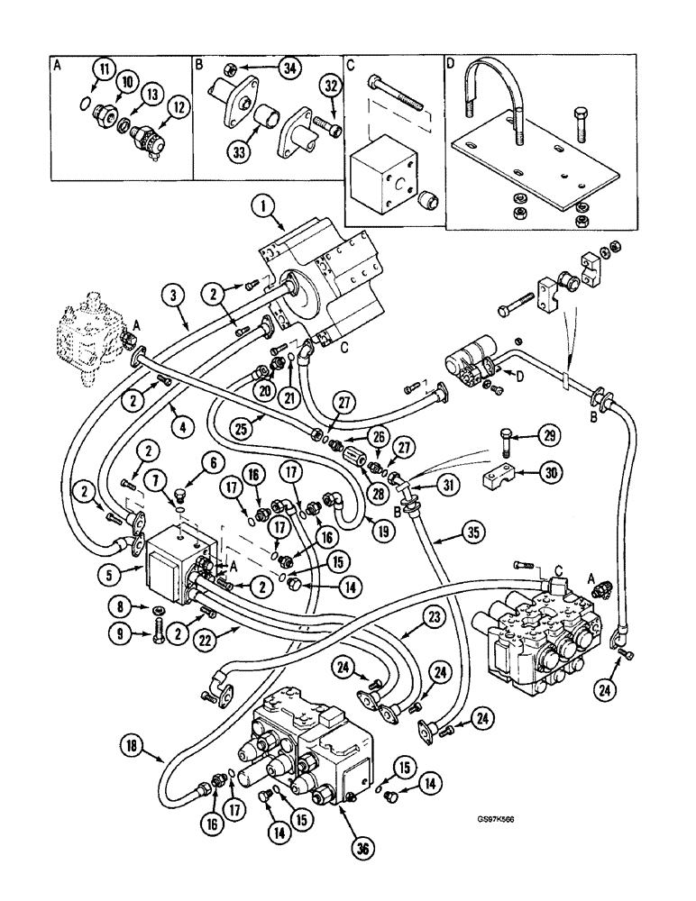 Схема запчастей Case 220B - (8-008) - HYDRAULIC PUMP LINES, HIGH PRESSURE PUMP TO CONTROL VALVES, P.I.N. 74441 THROUGH 74569 (08) - HYDRAULICS