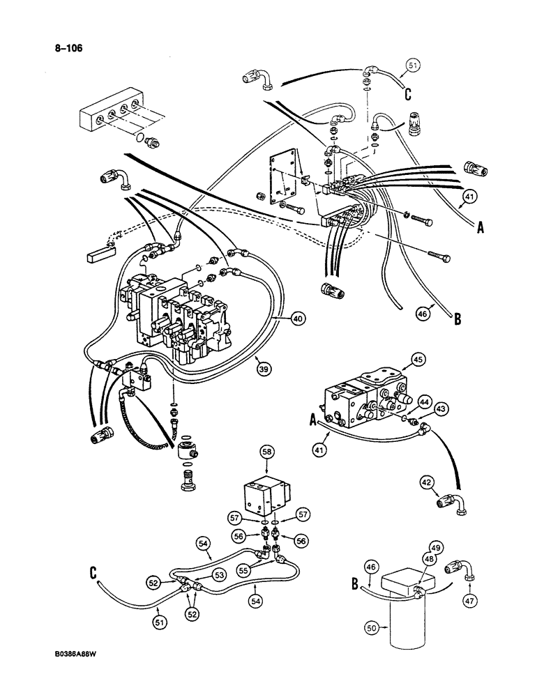 Схема запчастей Case 125B - (8-106) - HYD. CIRCUIT FOR CONTROLS, SOLENOID VALVE TO MAIN CONTROL VALVES AND SWIVEL, P.I.N. 74251 THRU 74281 (08) - HYDRAULICS