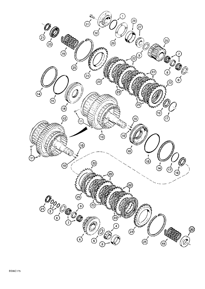 Схема запчастей Case 550G - (6-14) - TRANSMISSION ASSEMBLY, HIGH-LOW CLUTCHES AND SHAFTS (03) - TRANSMISSION