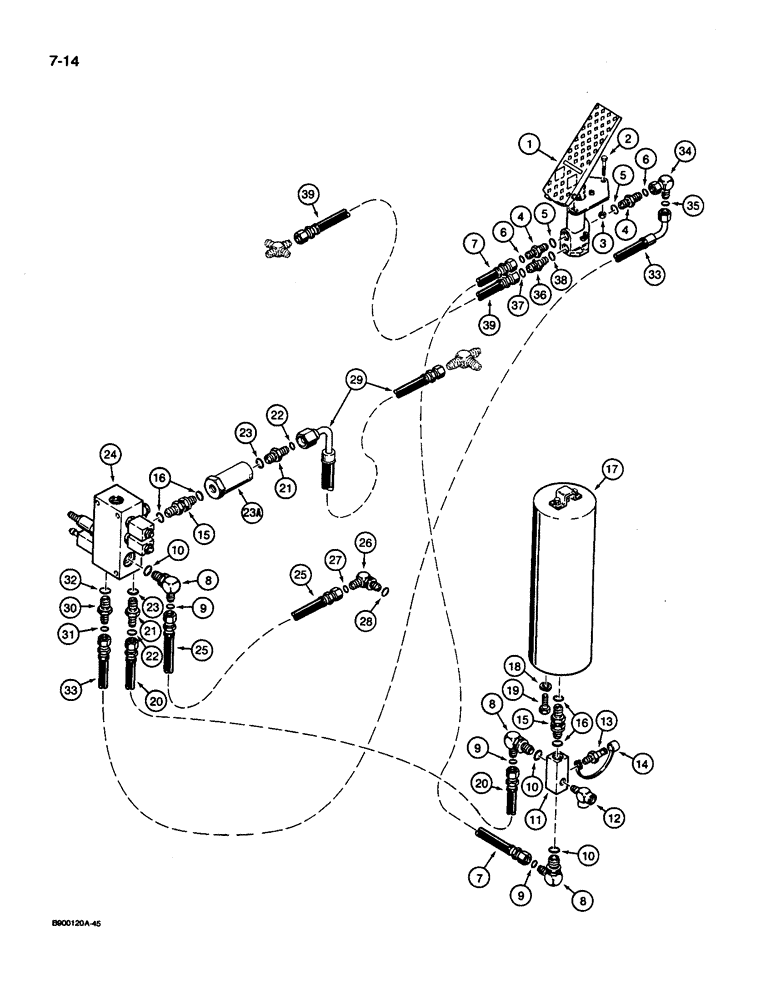 Схема запчастей Case 1085C - (7-14) - UPPER BRAKE SYSTEM, BRAKE VALVE TO PILOT MANIFOLD VALVE AND SWIVEL (07) - BRAKES