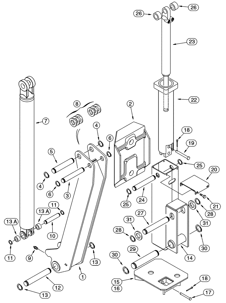 Схема запчастей Case 90XT - (09-61) - BACKHOE STABILIZERS NORTH AMERICA, D125 BACKHOE FOLD DOWN STABILIZERS (09) - CHASSIS