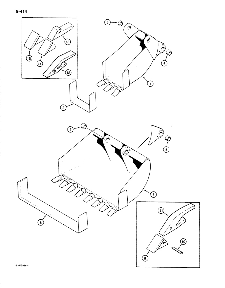 Схема запчастей Case 680K - (9-414) - BACKHOE BUCKETS/BELLHOLE BUCKETS/COMBINATION BELLHOLE AND GRAVEYARD BUCKET/CRIMPED-ON BUCKET TEETH (09) - CHASSIS/ATTACHMENTS