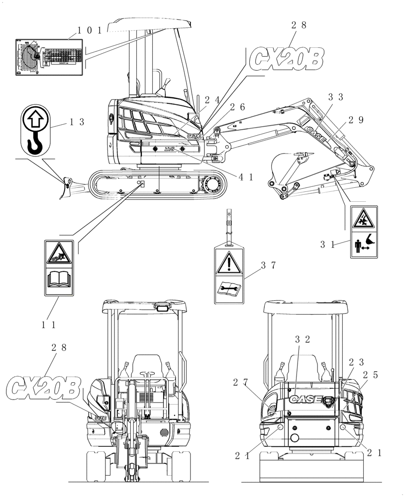 Схема запчастей Case CX20B - (4.520[01]) - DECALS - CANOPY (90) - PLATFORM, CAB, BODYWORK AND DECALS