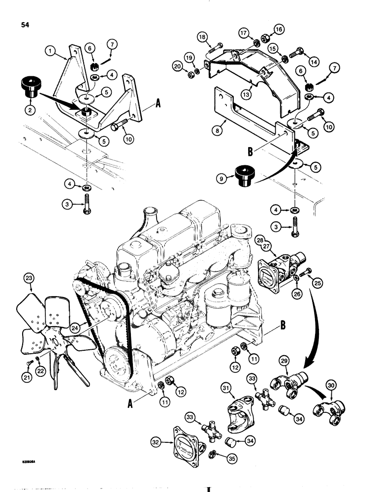 Схема запчастей Case 1845B - (054) - ENGINE MOUNTING, FLYWHEEL GUARD, FAN, AND FAN BELT (02) - ENGINE