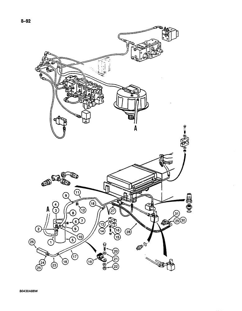 Схема запчастей Case 125B - (8-092) - HYDRAULIC COMPONENTS LEAK RETURN CIRCUIT, LINES TO RESERVOIR, P.I.N. 74251 THROUGH 74630 (08) - HYDRAULICS